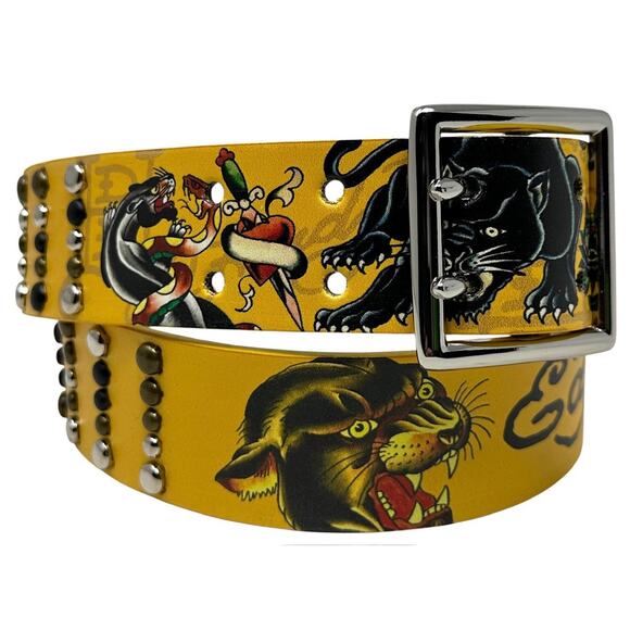 Ed Hardy Men's Double Prong Panther Snake Print Yellow Belt With Rivet Studs - Picture 1 of 6